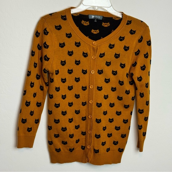 Yemak Black Cat Patterned mustard Yellow cardigan Sweater 3/4 sleeve size S - Picture 4 of 13